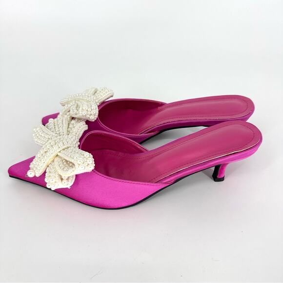 Bright Pink Satin Kitten Heel Mules with Pearl Bow Size 39 - Picture 3 of 8